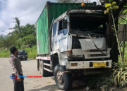 Truk Kontainer Tabrak Median Jalan dan Pohon, Diduga Rem Blong