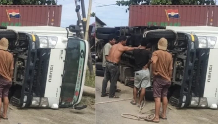 Ngantuk! Sopir Truk Kontainer Terguling di Jalur Majene-Mamuju